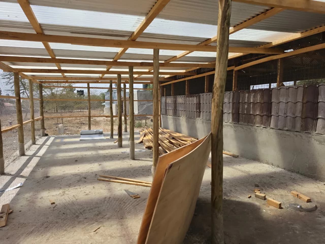Inside the poultry house during construction