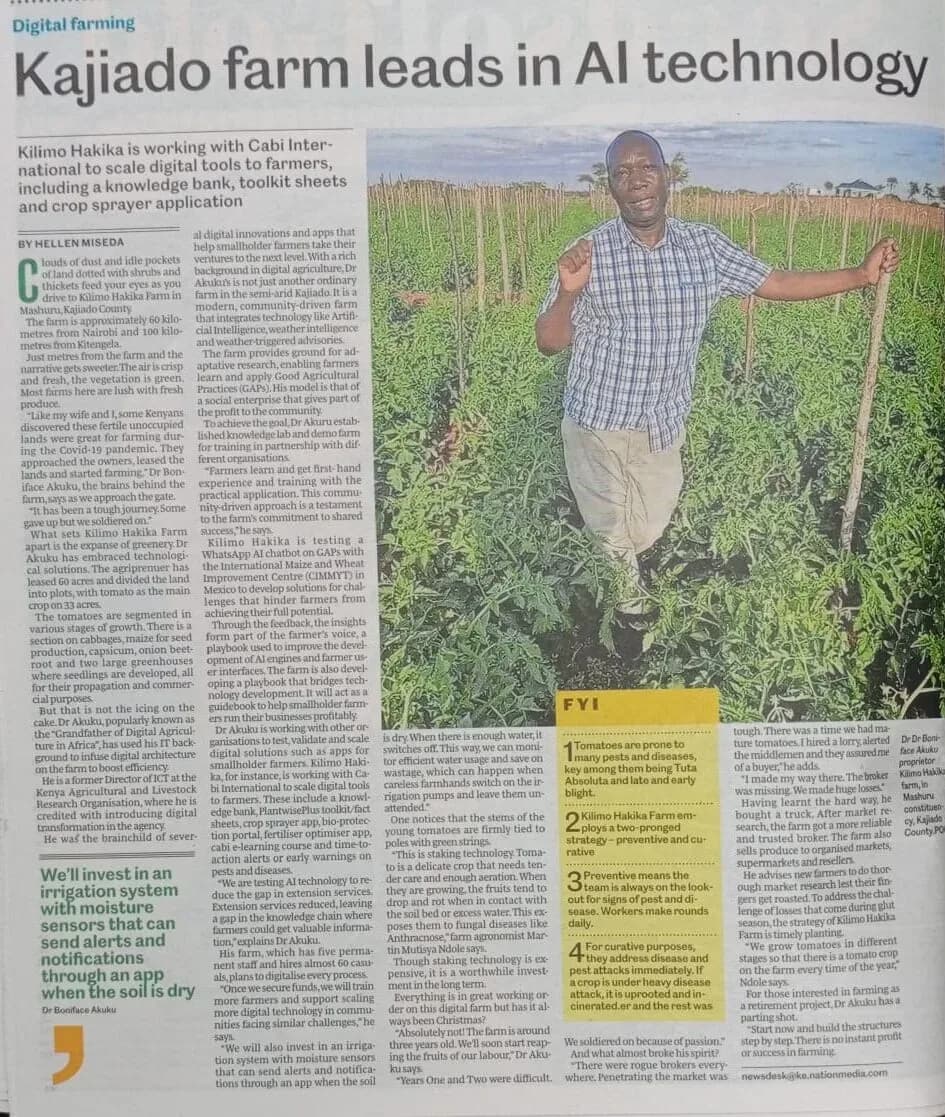 Newspaper feature: 'Kajiado farm leads in AI technology' — Kilimo Hakika's digital farming work